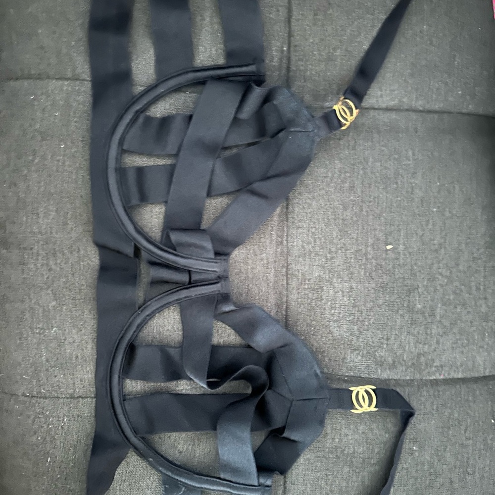 Black Strappy Bra with Gold Accents